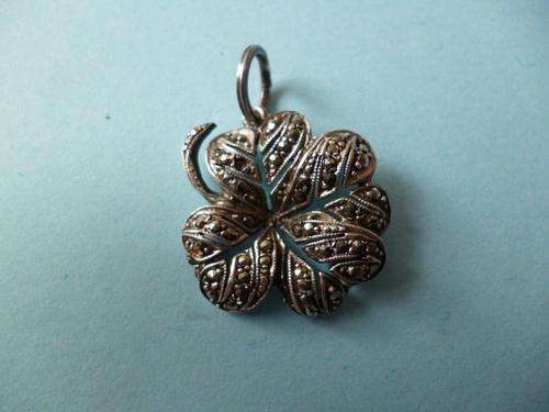 Solid Silver Marcasite Pendant or Charm of Four Leaf Clover. Antique Piece in Excellent Condition.